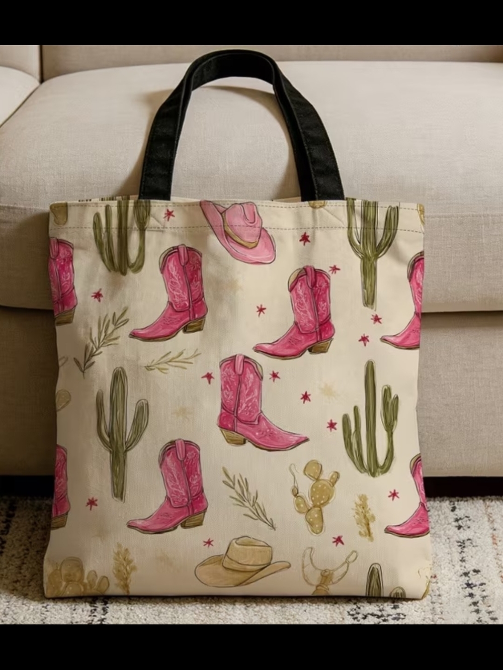 Western Pink Cowboy Boot Canvas Tote